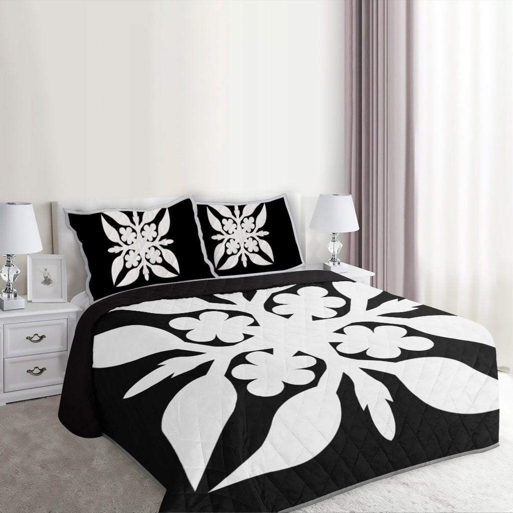 Hawaiian Royal Pattern Quilt Bed Set - Black And White - G1 Style - AH - Polynesian Pride