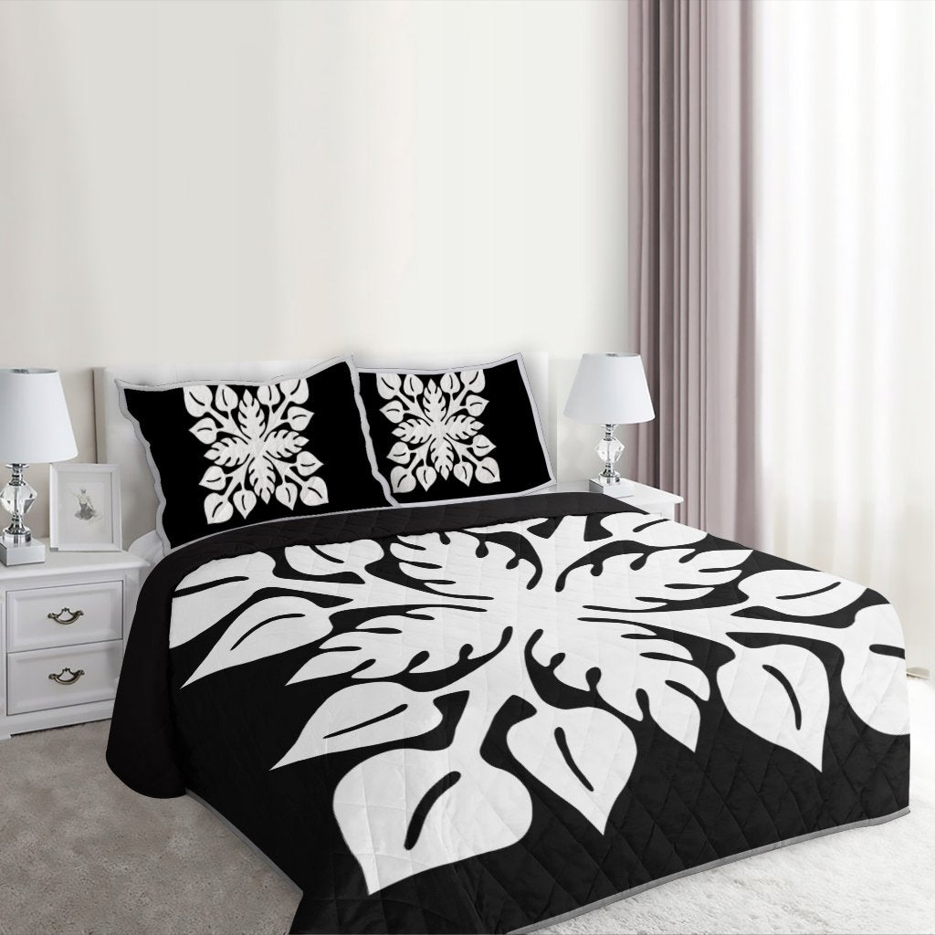 Hawaiian Royal Pattern Quilt Bed Set - Black And White - M2 Style - AH - Polynesian Pride