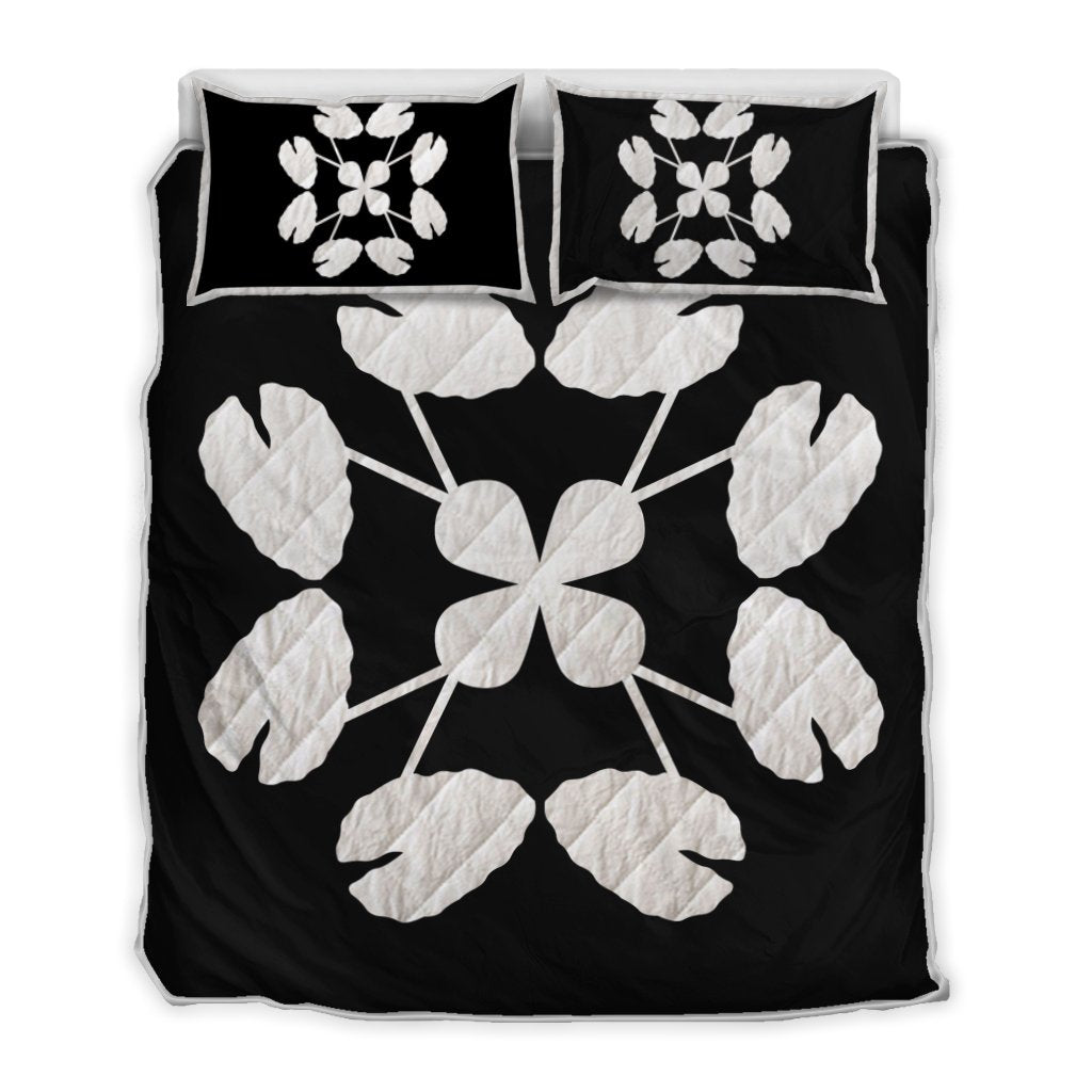 Hawaiian Royal Pattern Quilt Bed Set - Black And White - D3 Style White - Polynesian Pride