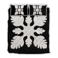Hawaiian Royal Pattern Quilt Bed Set - Black And White - B1 Style - AH White - Polynesian Pride