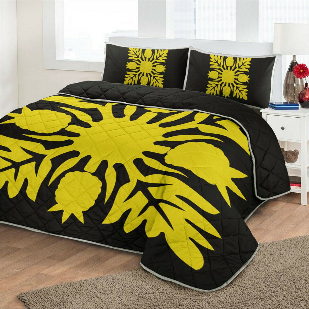 Hawaiian Royal Pattern Quilt Bed Set - Black And Yellow - N1 Style - AH - Polynesian Pride