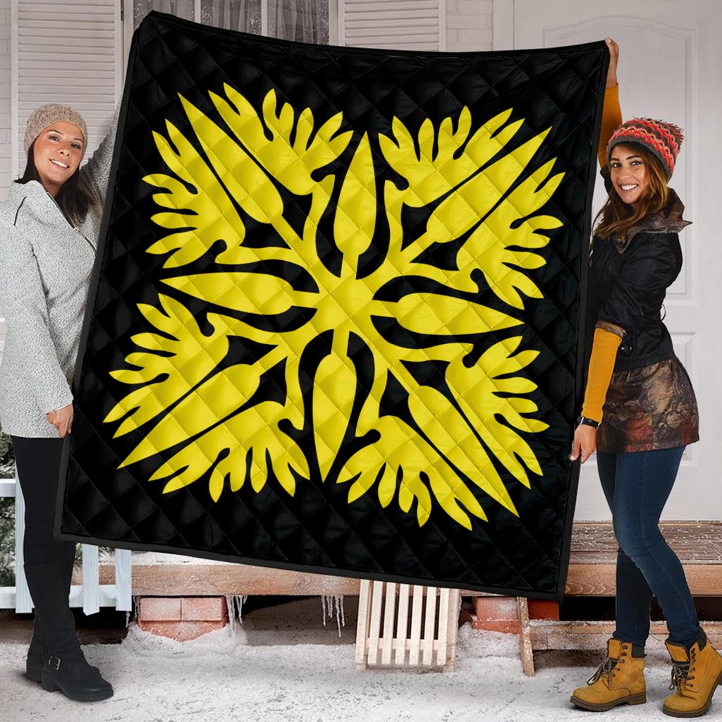 Hawaiian Royal Pattern Premium Quilt - Black And Yellow - A3 Style - AH - Polynesian Pride
