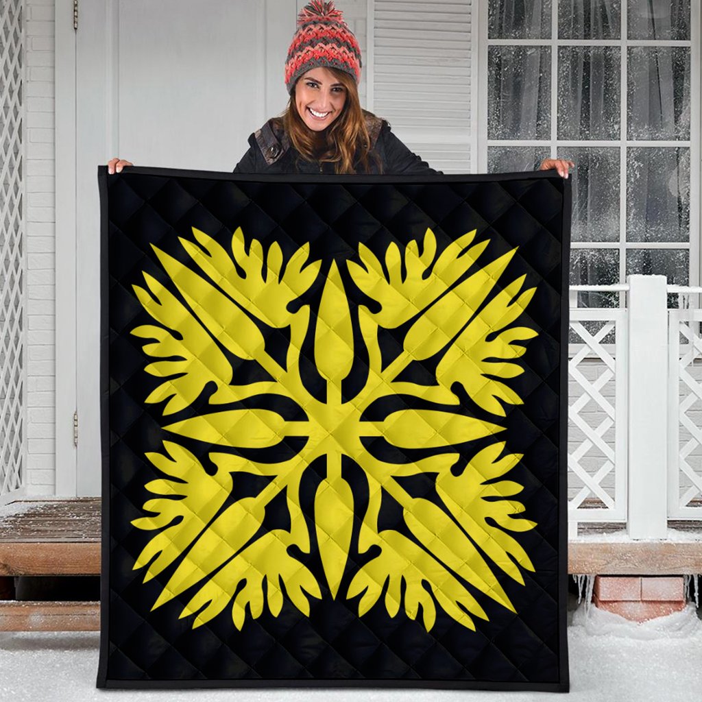 Hawaiian Royal Pattern Premium Quilt - Black And Yellow - A3 Style - AH - Polynesian Pride