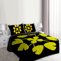 Hawaiian Royal Pattern Quilt Bed Set - Black And Yellow - D3 Style - Polynesian Pride