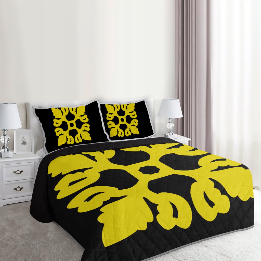 Hawaiian Royal Pattern Quilt Bed Set - Black And Yellow - M1 Style - AH - Polynesian Pride