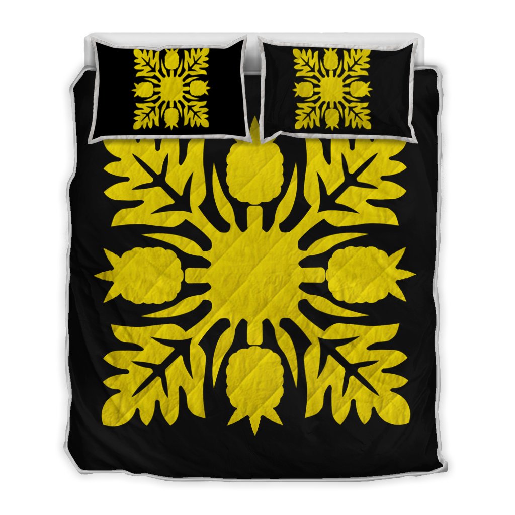 Hawaiian Royal Pattern Quilt Bed Set - Black And Yellow - N1 Style - AH Yellow - Polynesian Pride