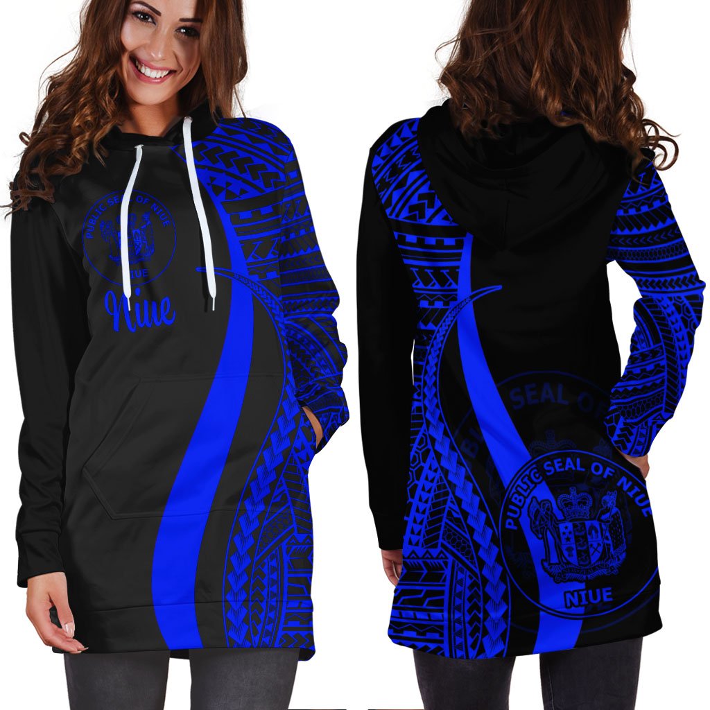 Niue Women's Hoodie Dress - Blue Polynesian Tentacle Tribal Pattern - Polynesian Pride