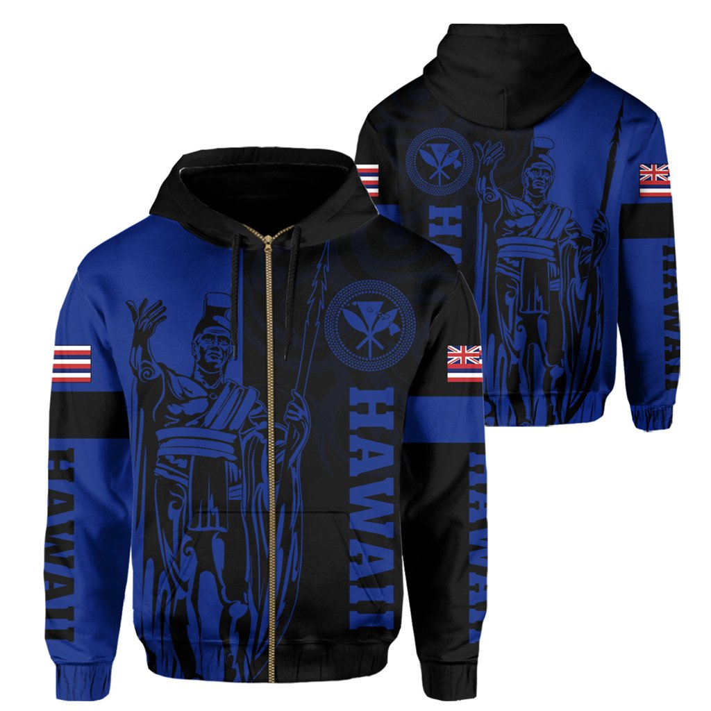 Hawaii King Polynesian Hoodie (Zip up) Lawla Style Blue Unisex Blue - Polynesian Pride