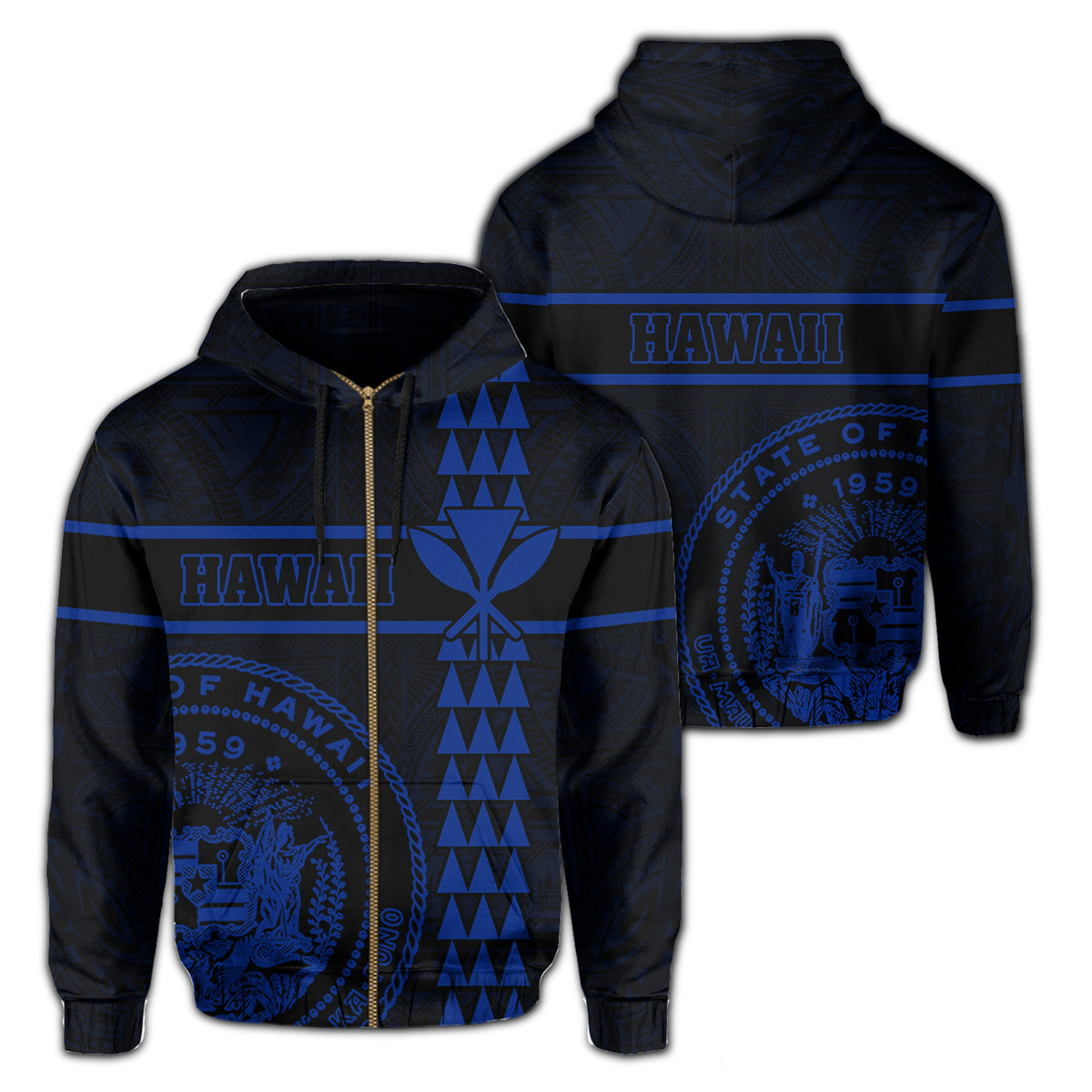 Polynesian Kakau Kanaka Seal of Hawaii Zip Hoodie Blue Unisex Blue - Polynesian Pride