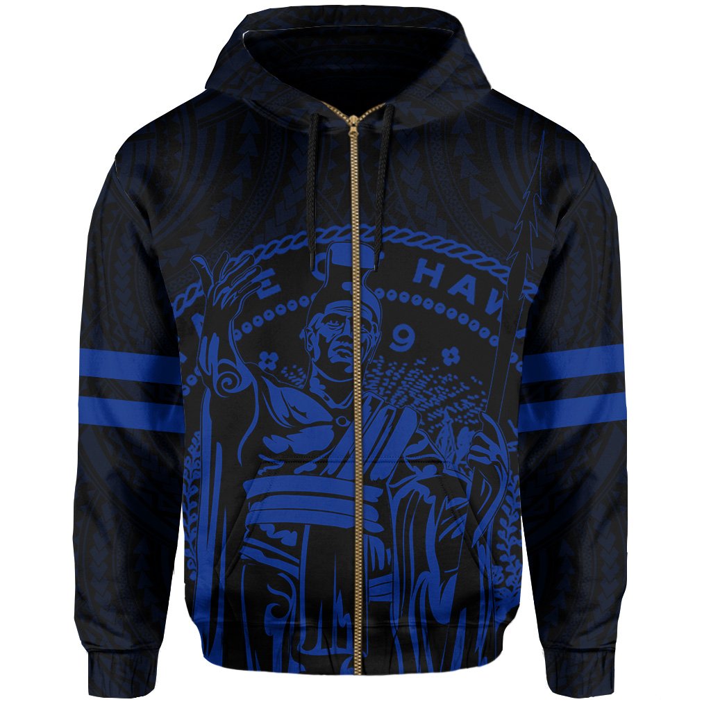 Polynesian King Kanaka Map Seal of Hawaii Zip Hoodie Blue - Polynesian Pride