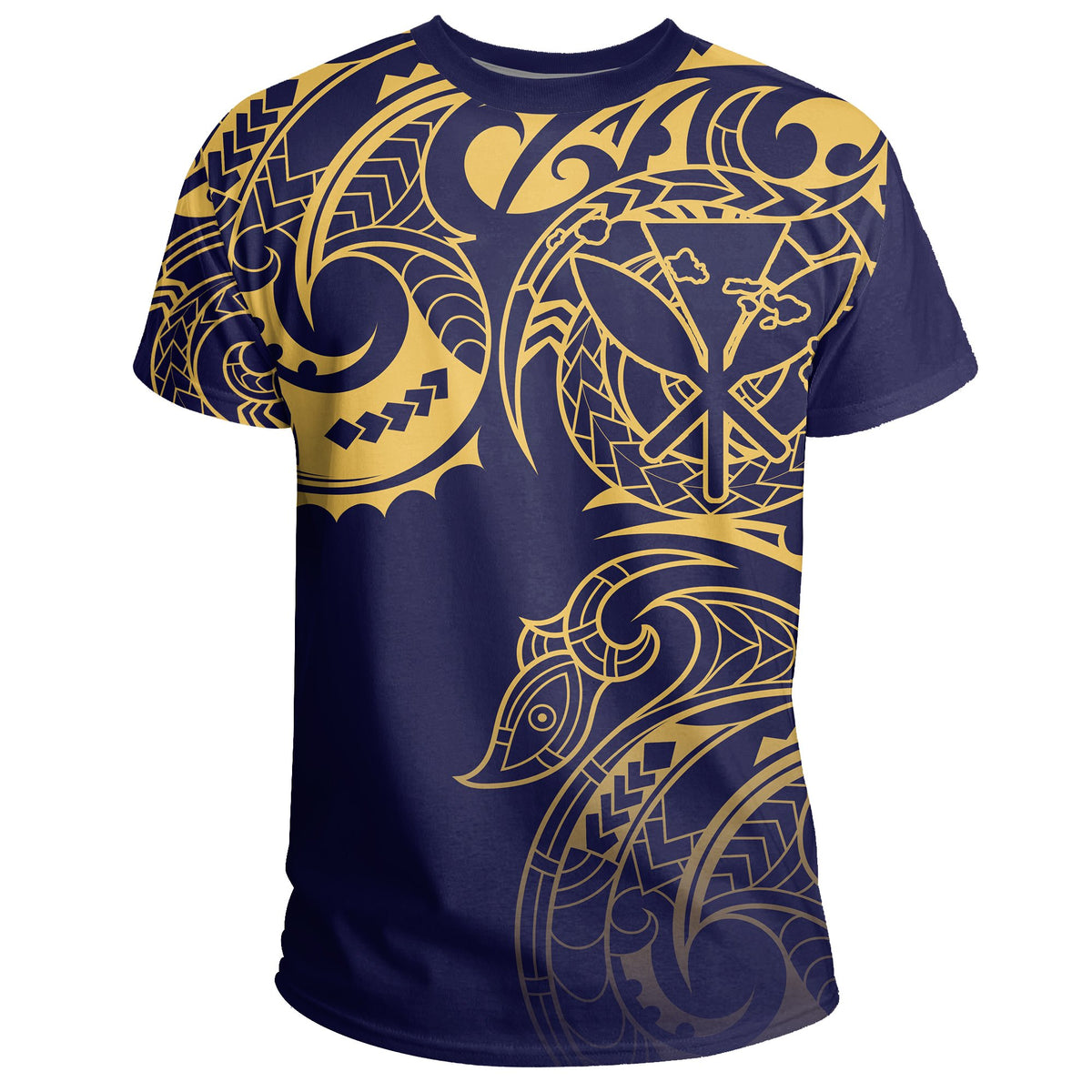Hawaii Kanaka Polynesian Tribal T Shirt Gradiant Style Blue Gold - Polynesian Pride