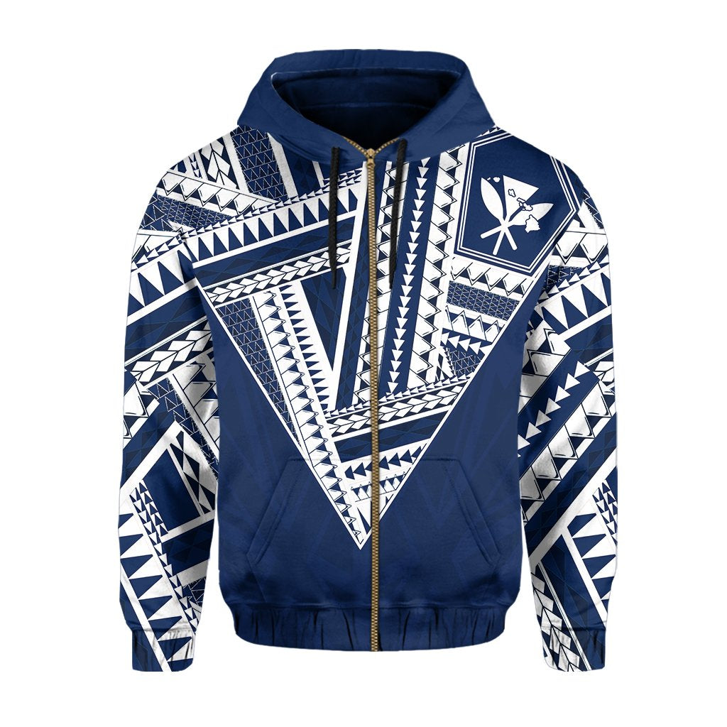 Hawaii Hoodie Zip Football Jersey Style Blue and White - Polynesian Pride