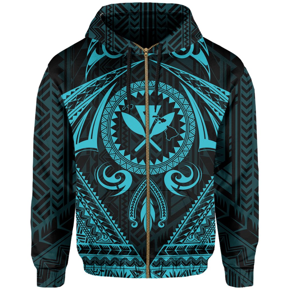 Polynesian Kakau Kanaka Turtle Map Hawaii Zip Hoodie Circle Style Blue - Polynesian Pride