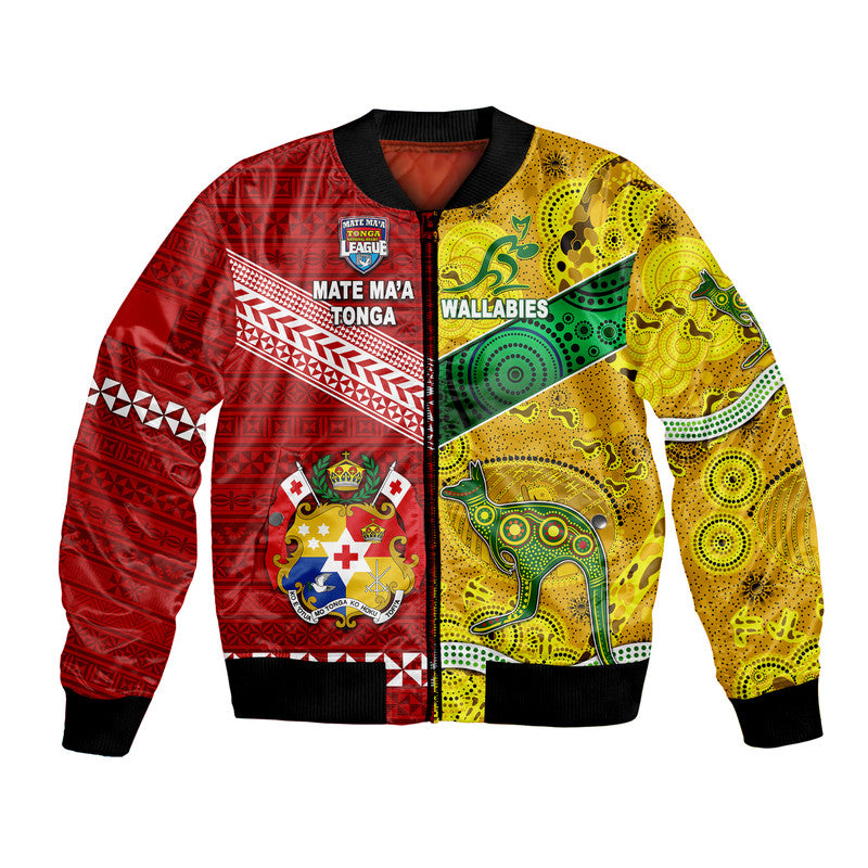 (Custom Personalised) Mate Ma'a Tonga Ngatu And Australia Wallabies Aboriginal Bomber Jacket Rugby Together LT8 Unisex - Polynesian Pride