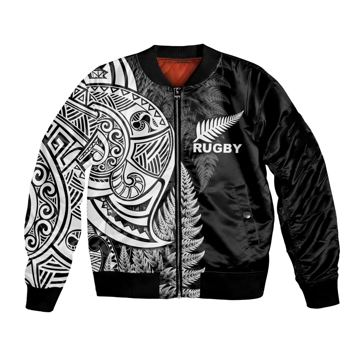 Maori Rugby Bomber Jacket Tattoo Mix Fern Leaf LT6 Unisex Black - Polynesian Pride