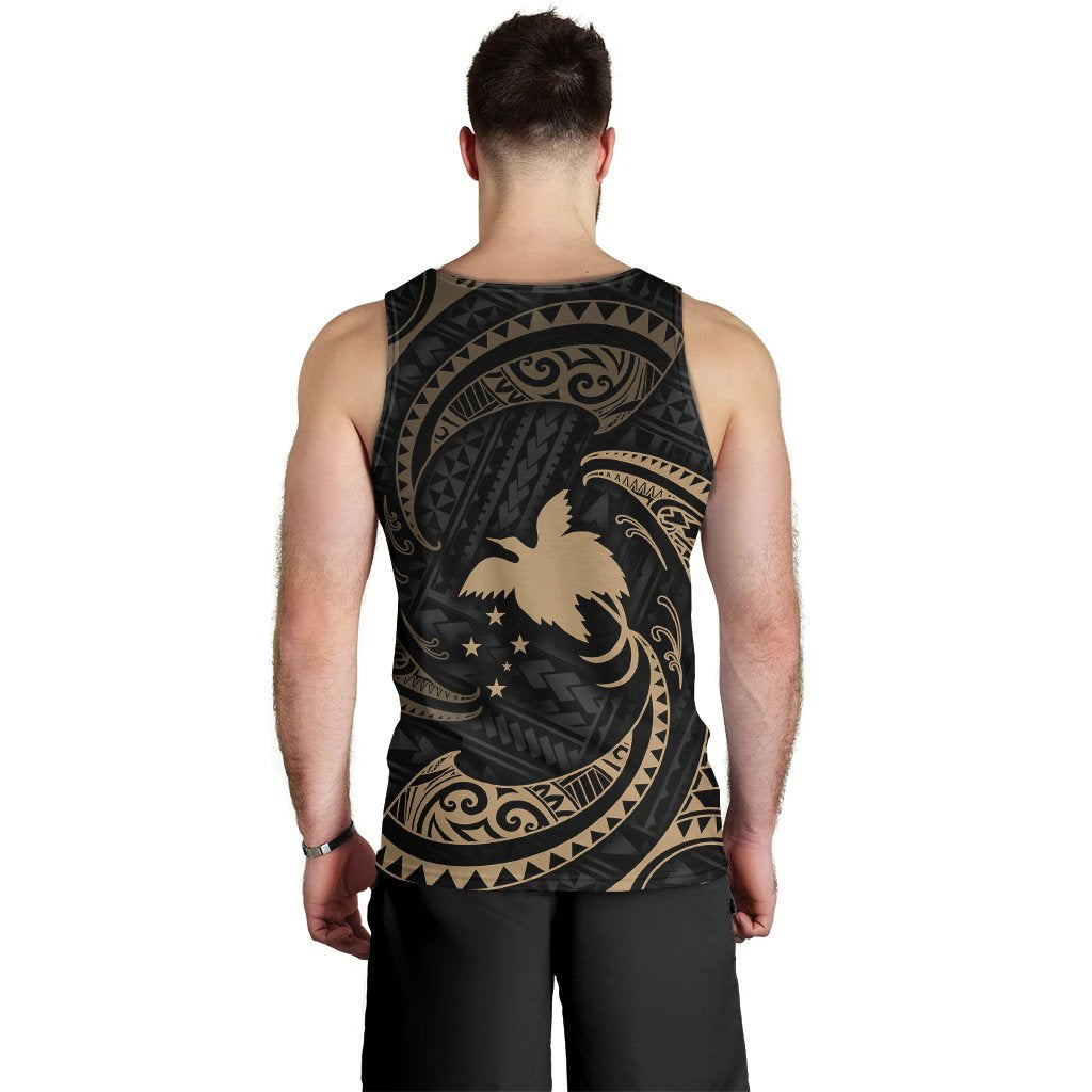 Papua New Guinea Polynesian Custom Personalised Men's Tank Top - Gold Tribal Wave - Polynesian Pride