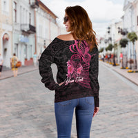 (Custom Personalised) Breast Cancer Pink Ribbon Butterfly Polynesian Black Version Women Off Shoulder Sweater - LT12 - Polynesian Pride