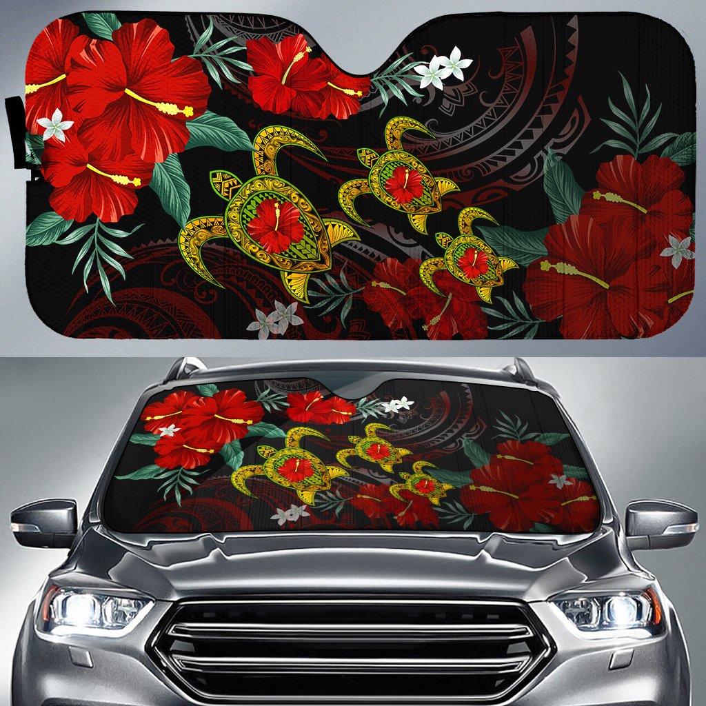 Hawaii Turtle Hibiscus Polynesian Car Sun Shade - Adela Style - AH Auto Sun Shade Universal Fit Black - Polynesian Pride
