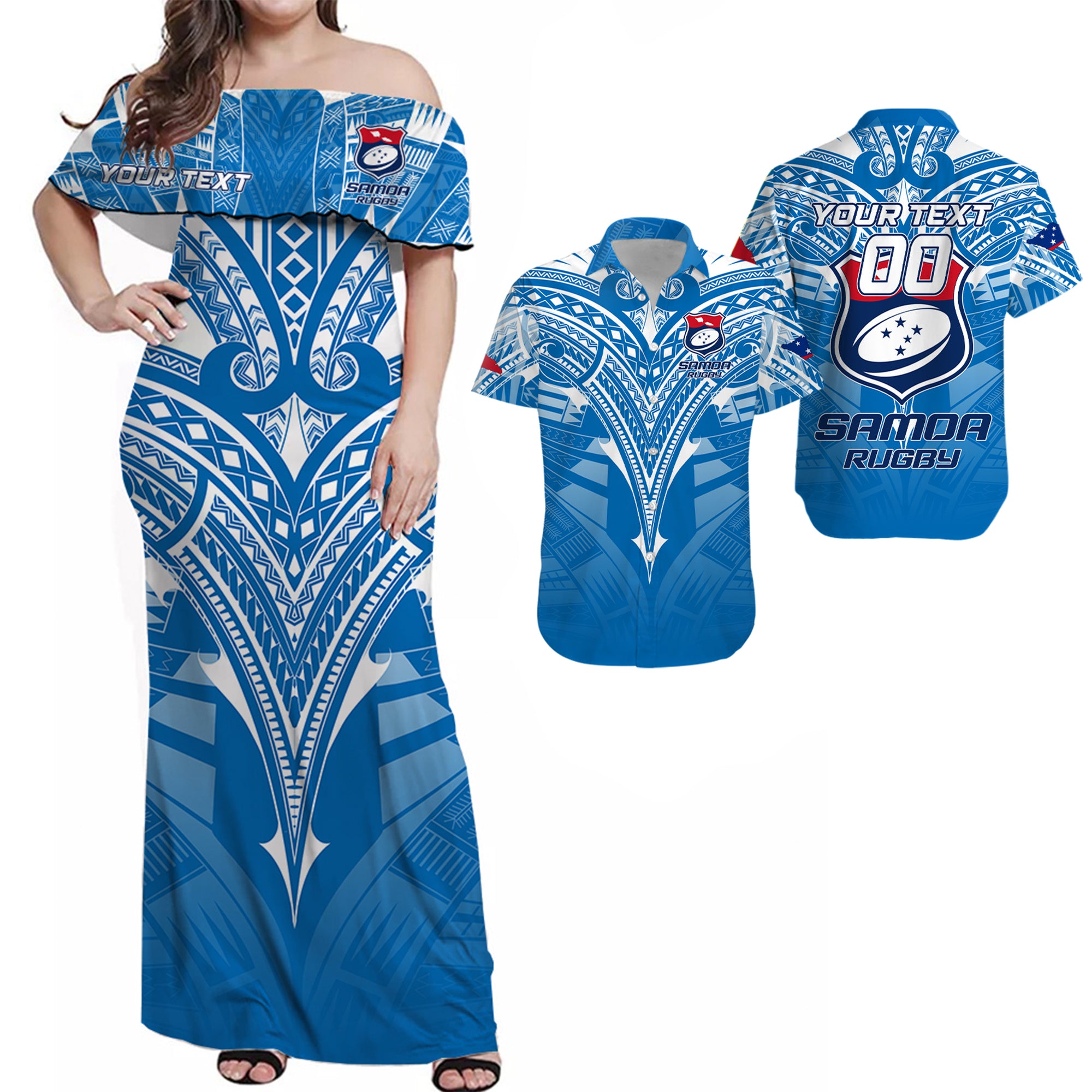 Custom Polynesian Couple Outfits Samoa Rugby Matching Dress and Hawaiian Shirt Toa Samoa Blue Style LT2 BLUE - Polynesian Pride