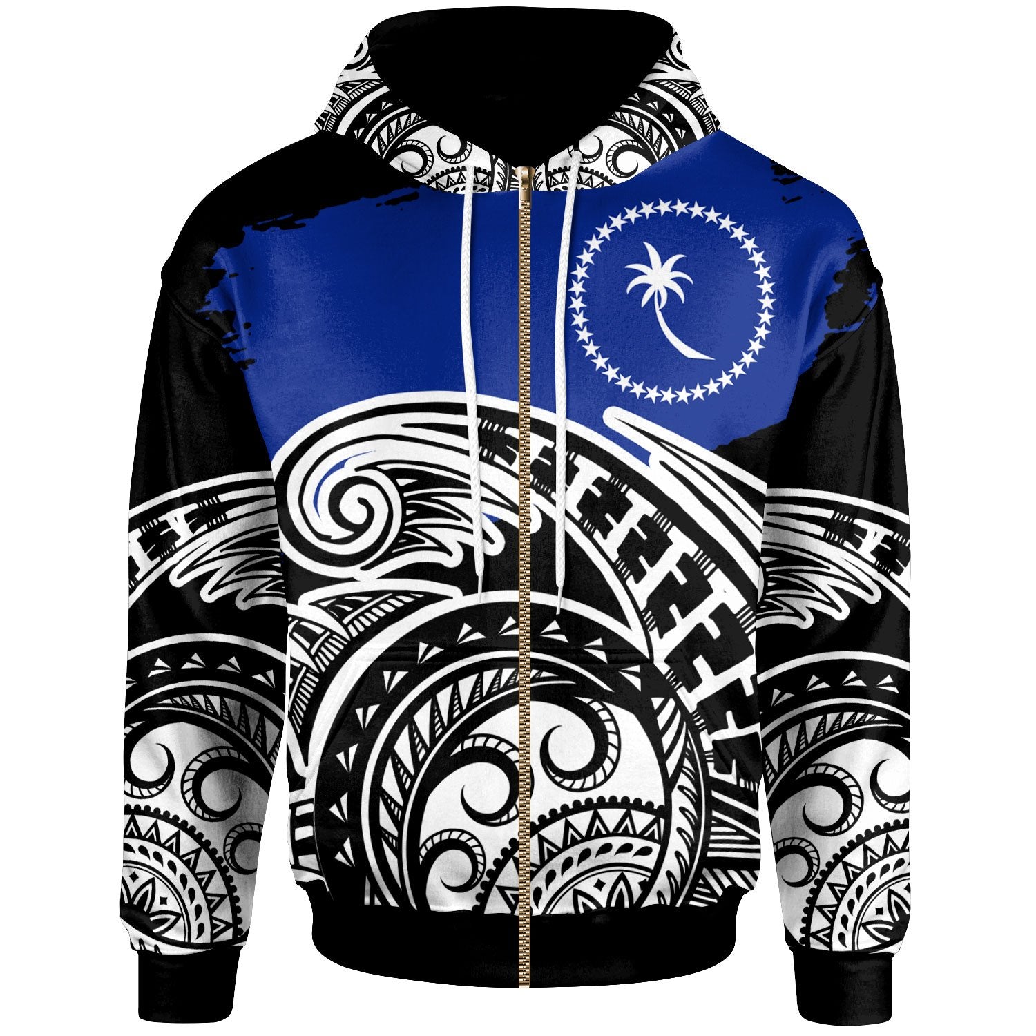Chuuk Custom Zip Hoodie Ethnic Style With Round Black White Pattern Unisex Black - Polynesian Pride