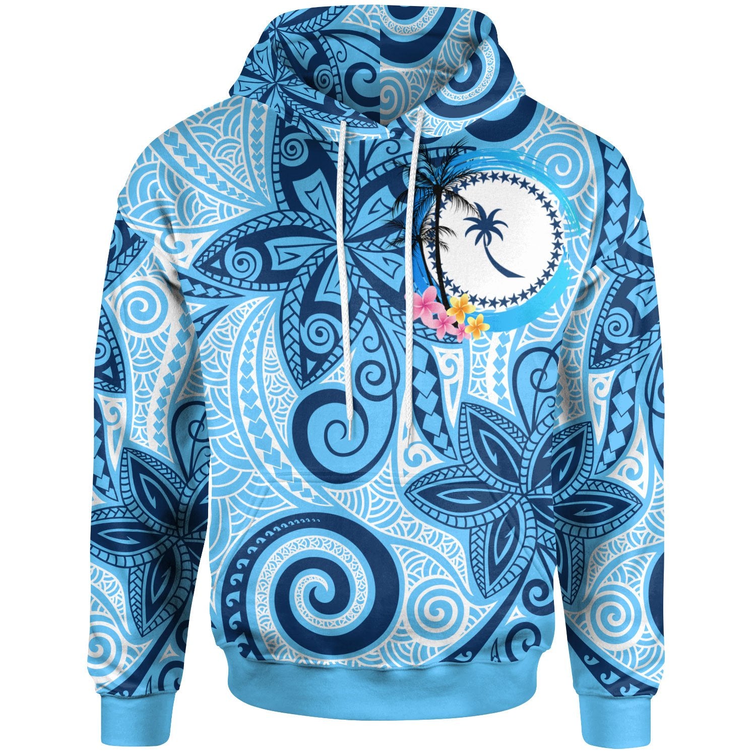 Chuuk Hoodie Tribal Plumeria Pattern Unisex Blue - Polynesian Pride