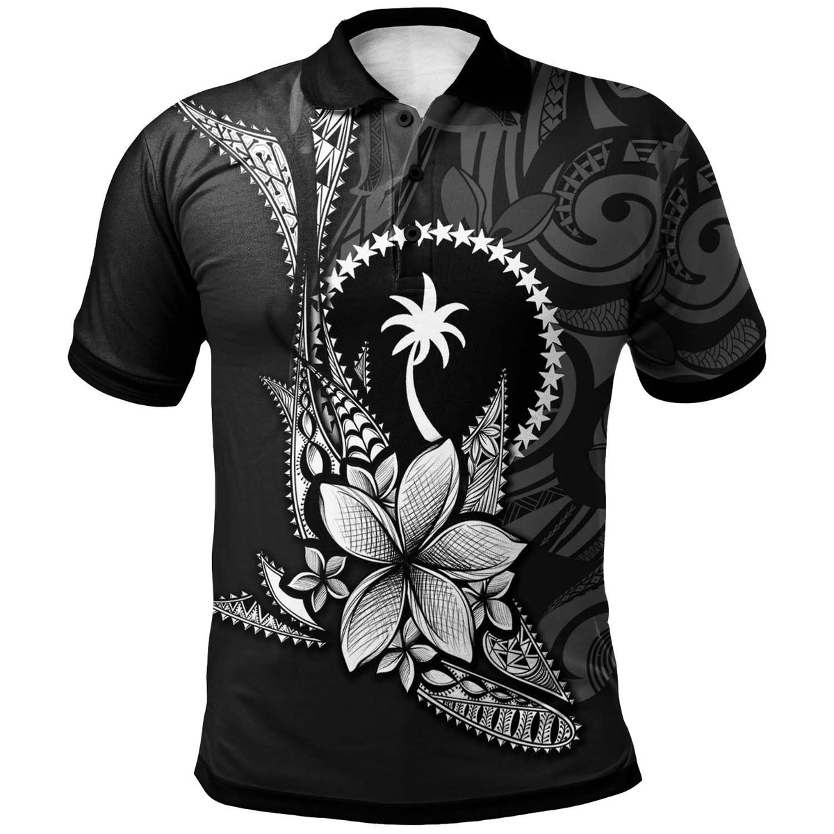 Chuuk State Polo Shirt Fish With Plumeria Flowers Style Unisex Black - Polynesian Pride