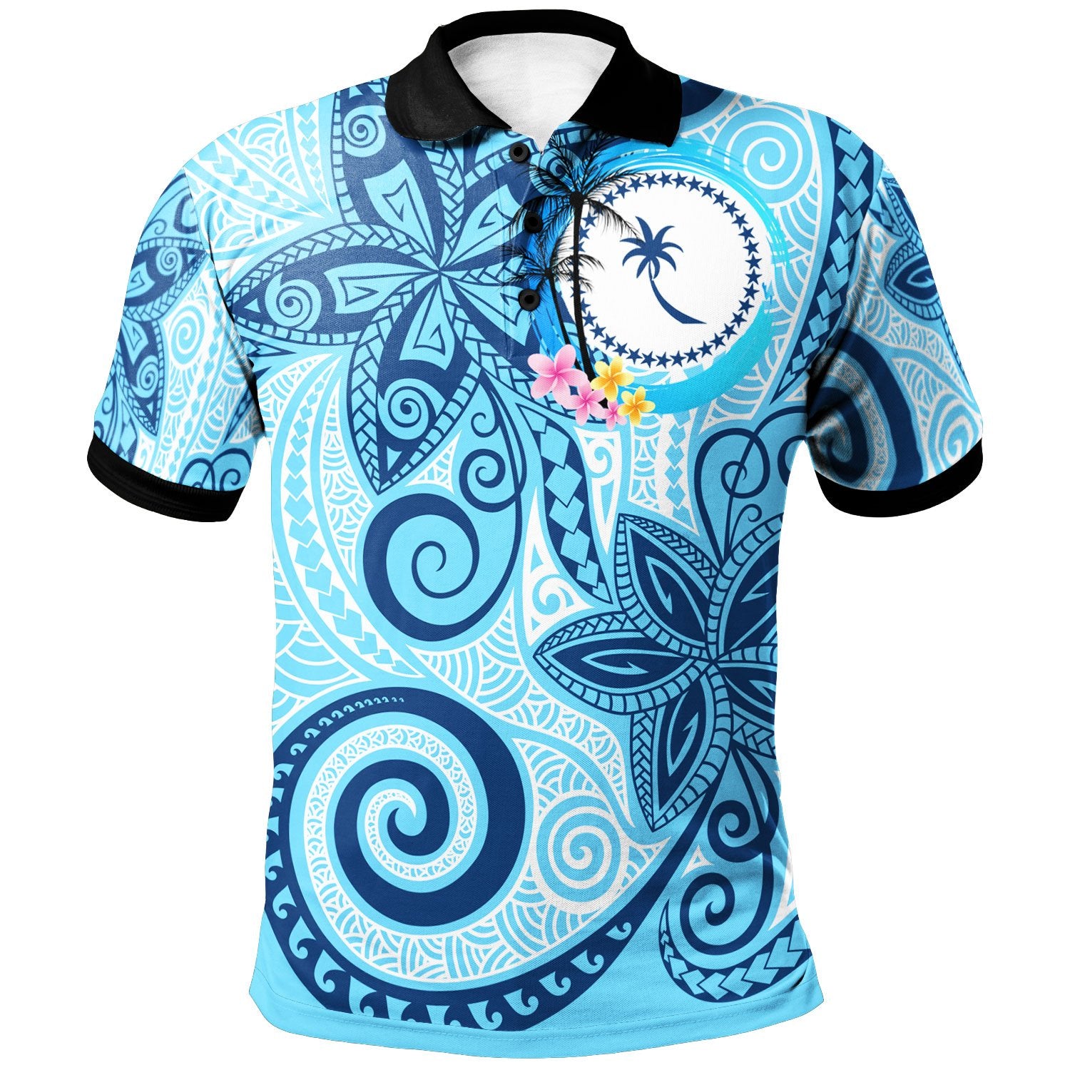 Chuuk Polo Shirt Tribal Plumeria Pattern Unisex Blue - Polynesian Pride
