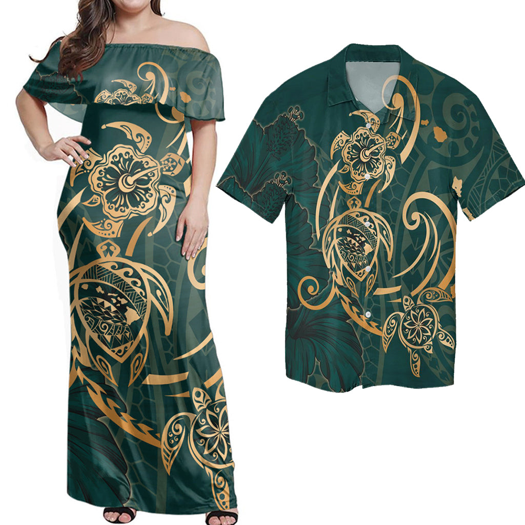 Hawaiian Matching Dress and Hawaiian Shirt Hawaii Triple Marble Turtle Polynesian Hibiscus Benjamin Style Green - Polynesian Pride