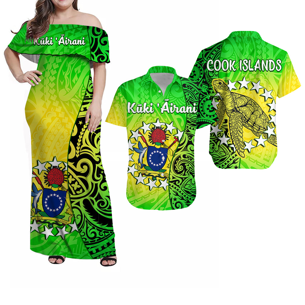 Cook Islands Matching Dress and Hawaiian Shirt Polynesian Turtle LT14 Green - Polynesian Pride