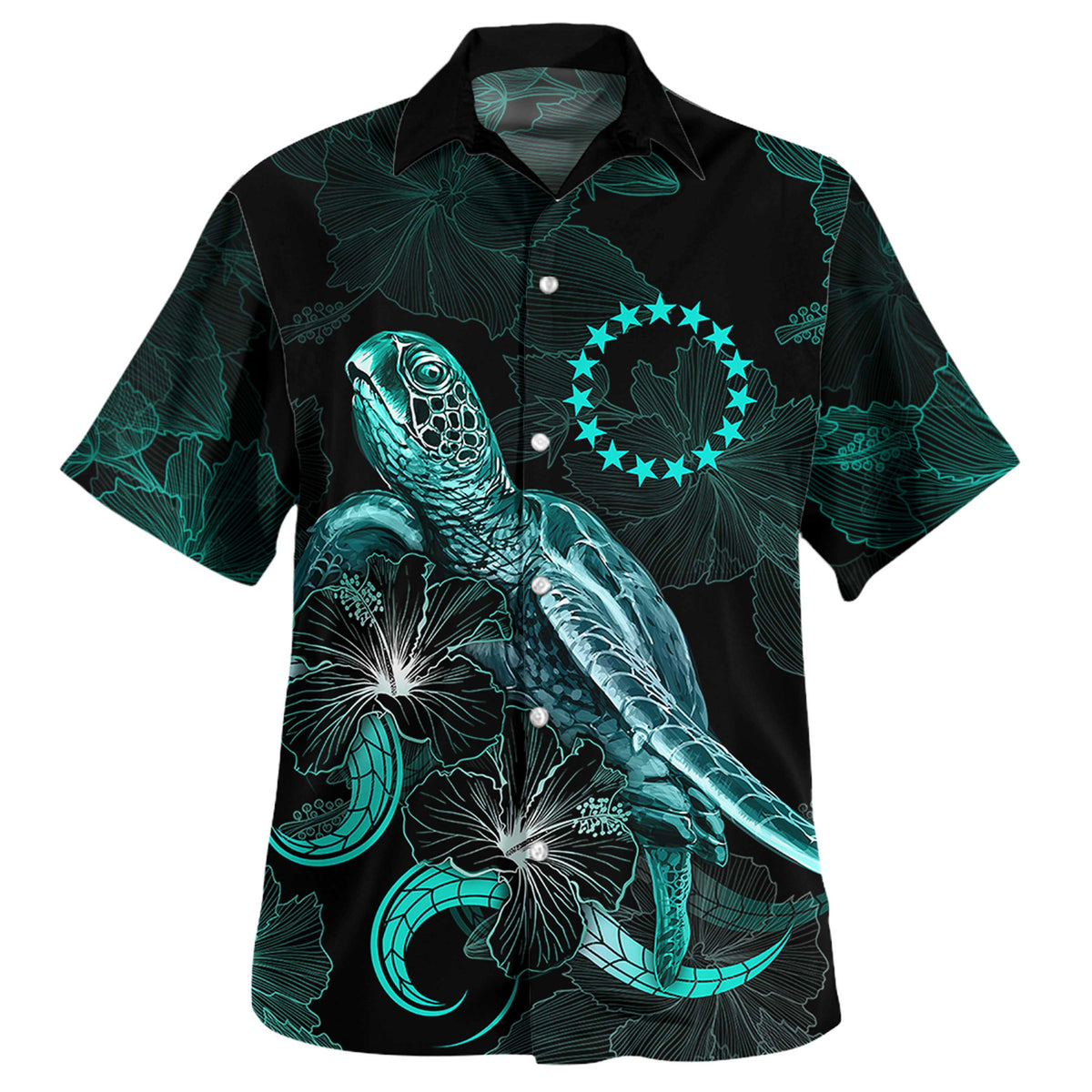 Cook Islands Matching Dress and Hawaiian Shirt Polynesian Turtle with Blooming Hibiscus Turquoise - Polynesian Pride