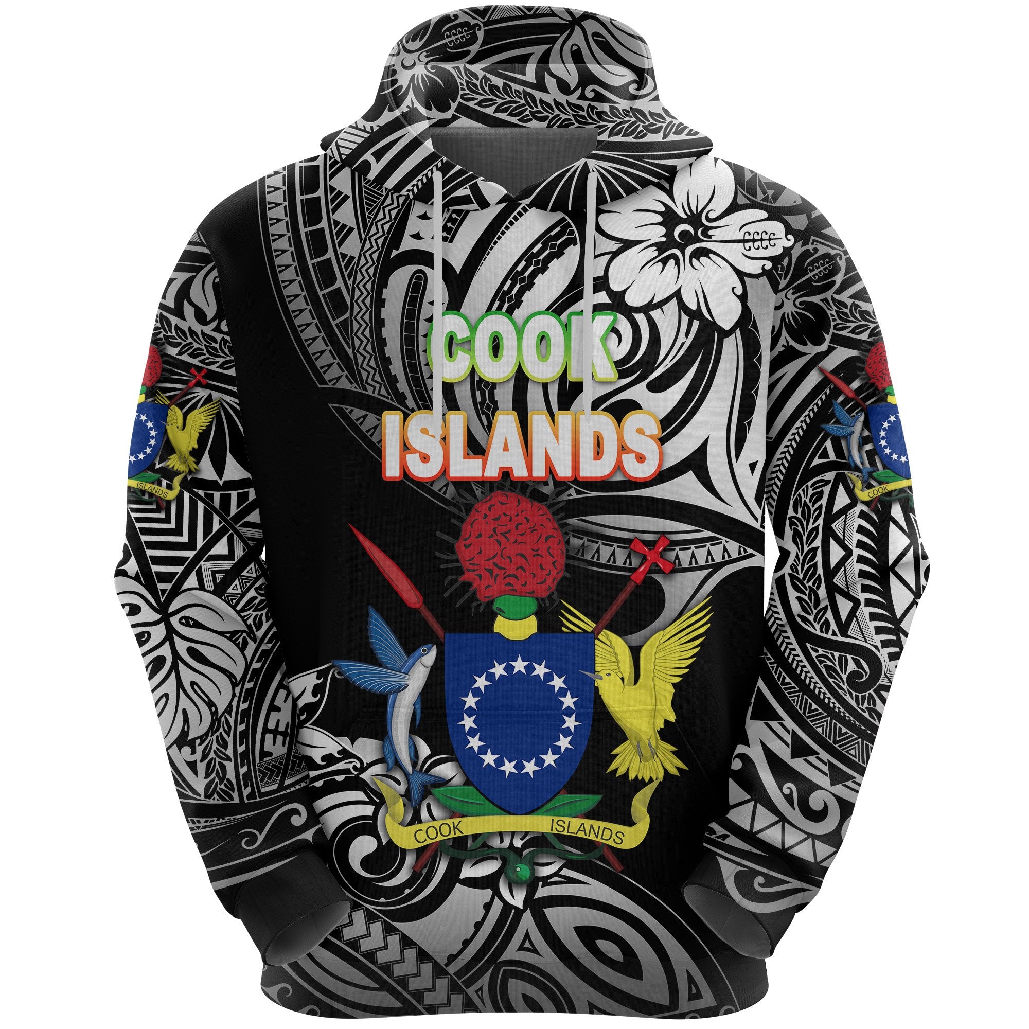 Custom Cook Islands Rugby Hoodie Unique Vibes Coat of Arms Black, Custom Text and Number Unisex Black - Polynesian Pride