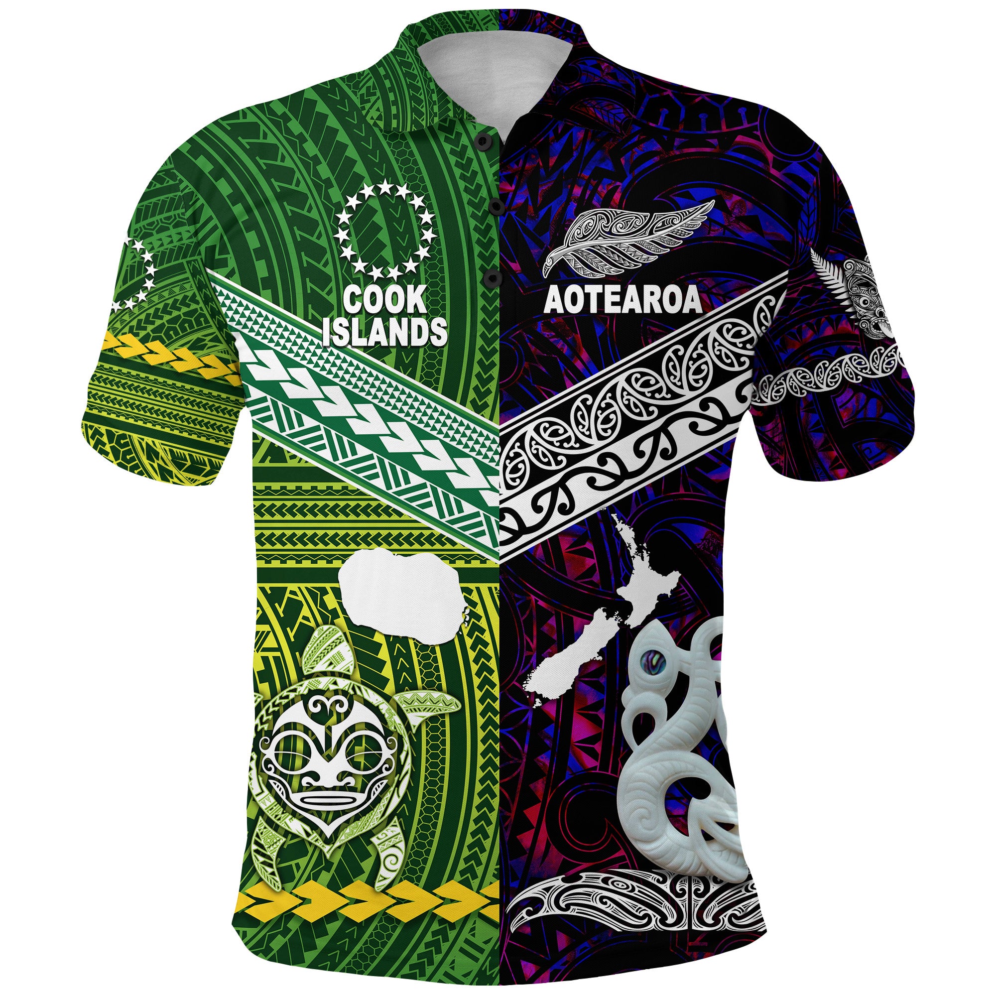 New Zealand Cook Islands Polo Shirt Maori Together Purple LT8 Green - Polynesian Pride