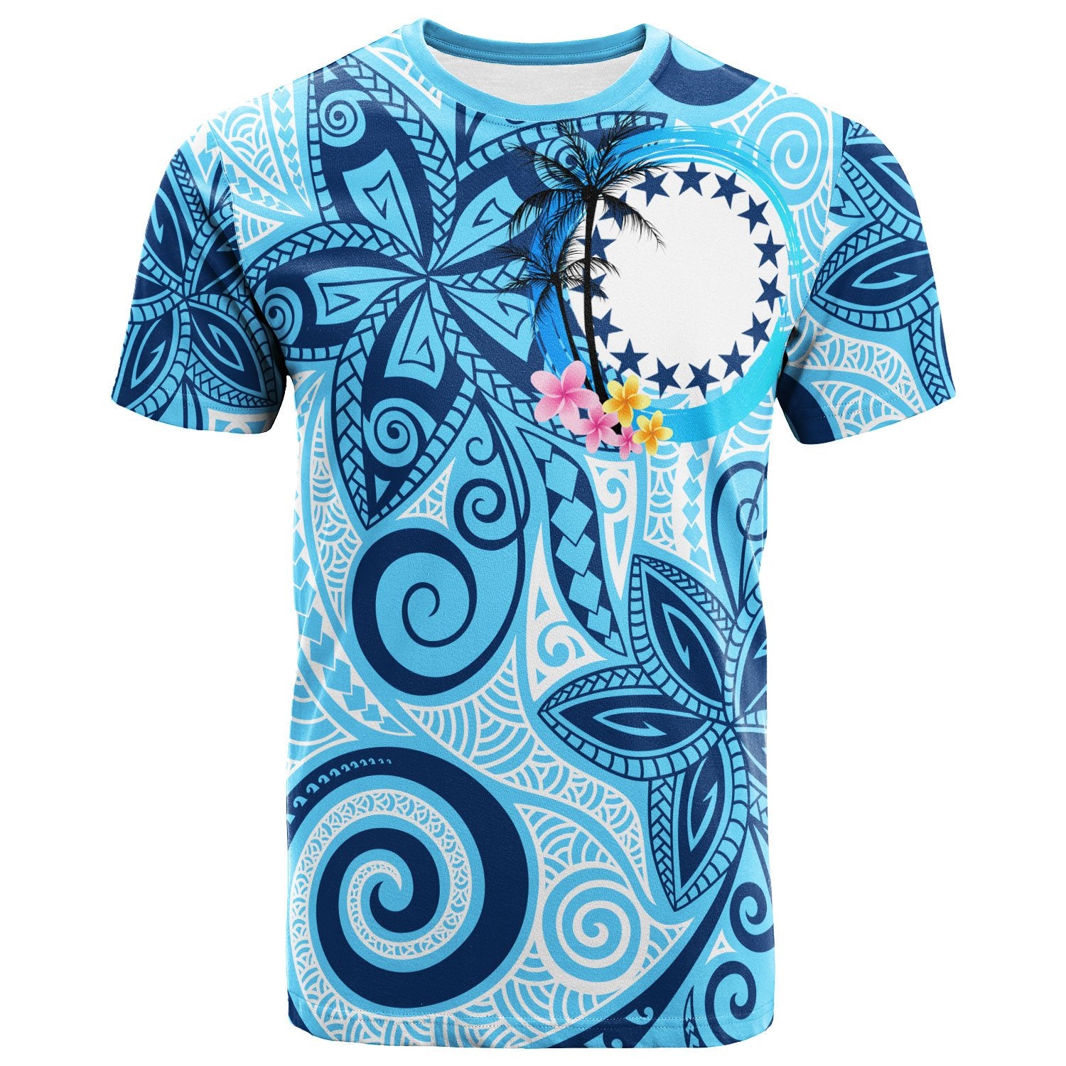 Cook Islands T Shirt Tribal Plumeria Pattern Unisex Blue - Polynesian Pride