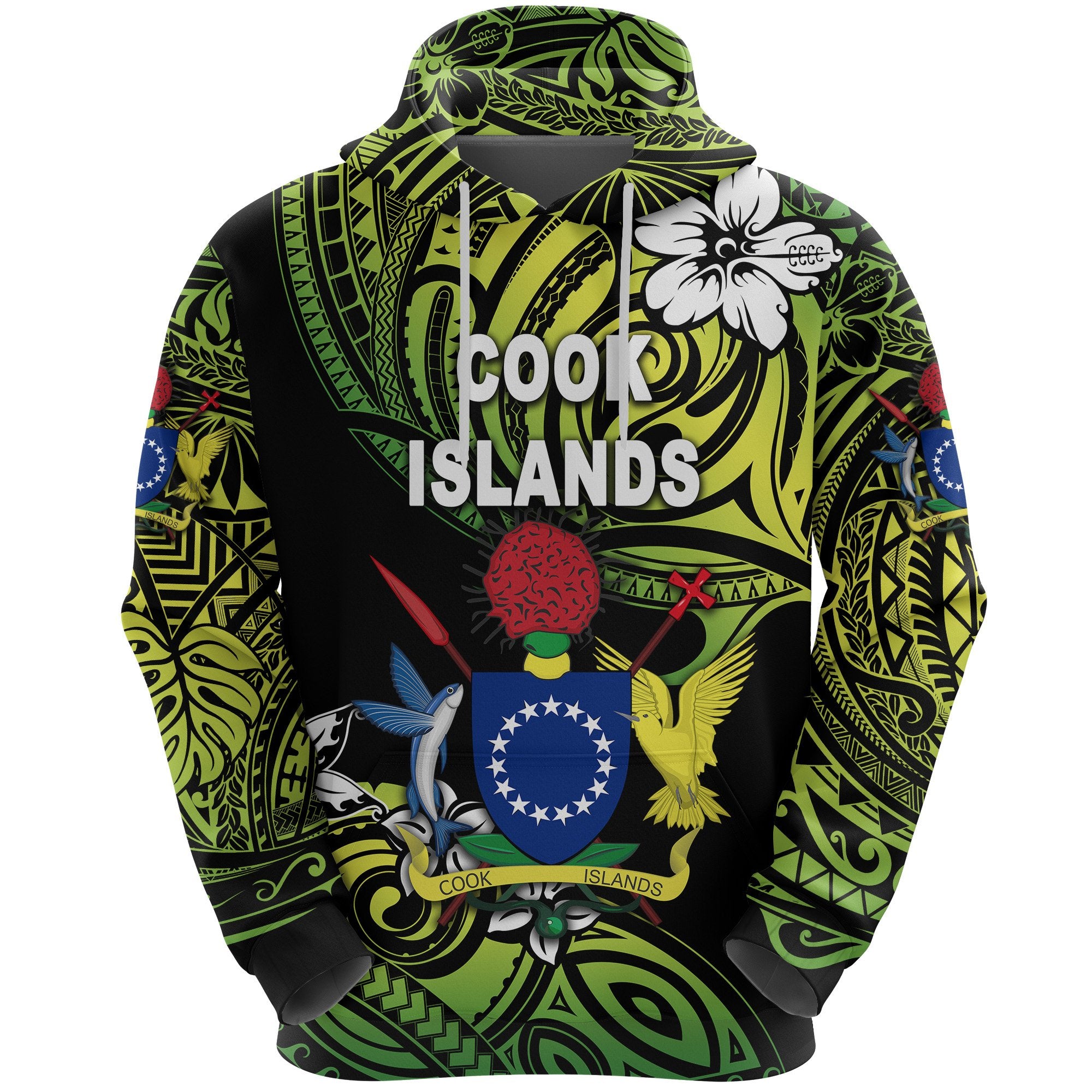 Custom Cook Islands Rugby Hoodie Unique Vibes Coat of Arms Green, Custom Text and Number Unisex Green - Polynesian Pride