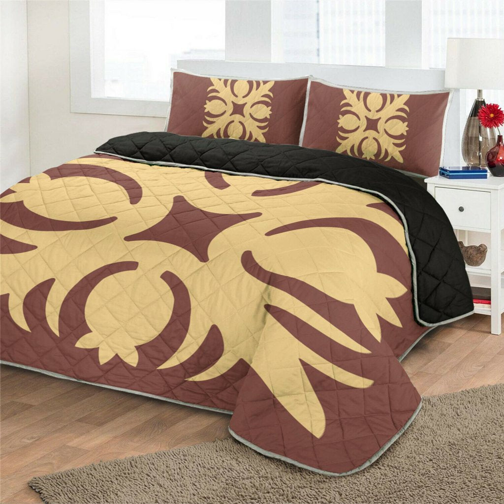 Hawaiian Royal Pattern Quilt Bed Set - Coral - I1 Style - AH - Polynesian Pride