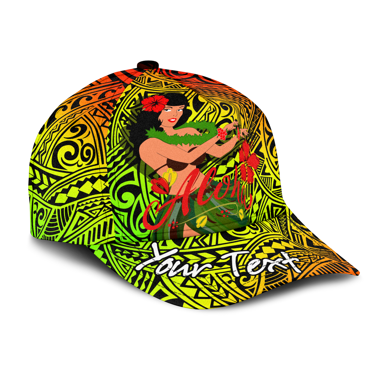 (Custom Personalised) Hawaii Hula Girl Reggae Cap - LT2 Classic Cap Universal Fit REGGAE - Polynesian Pride