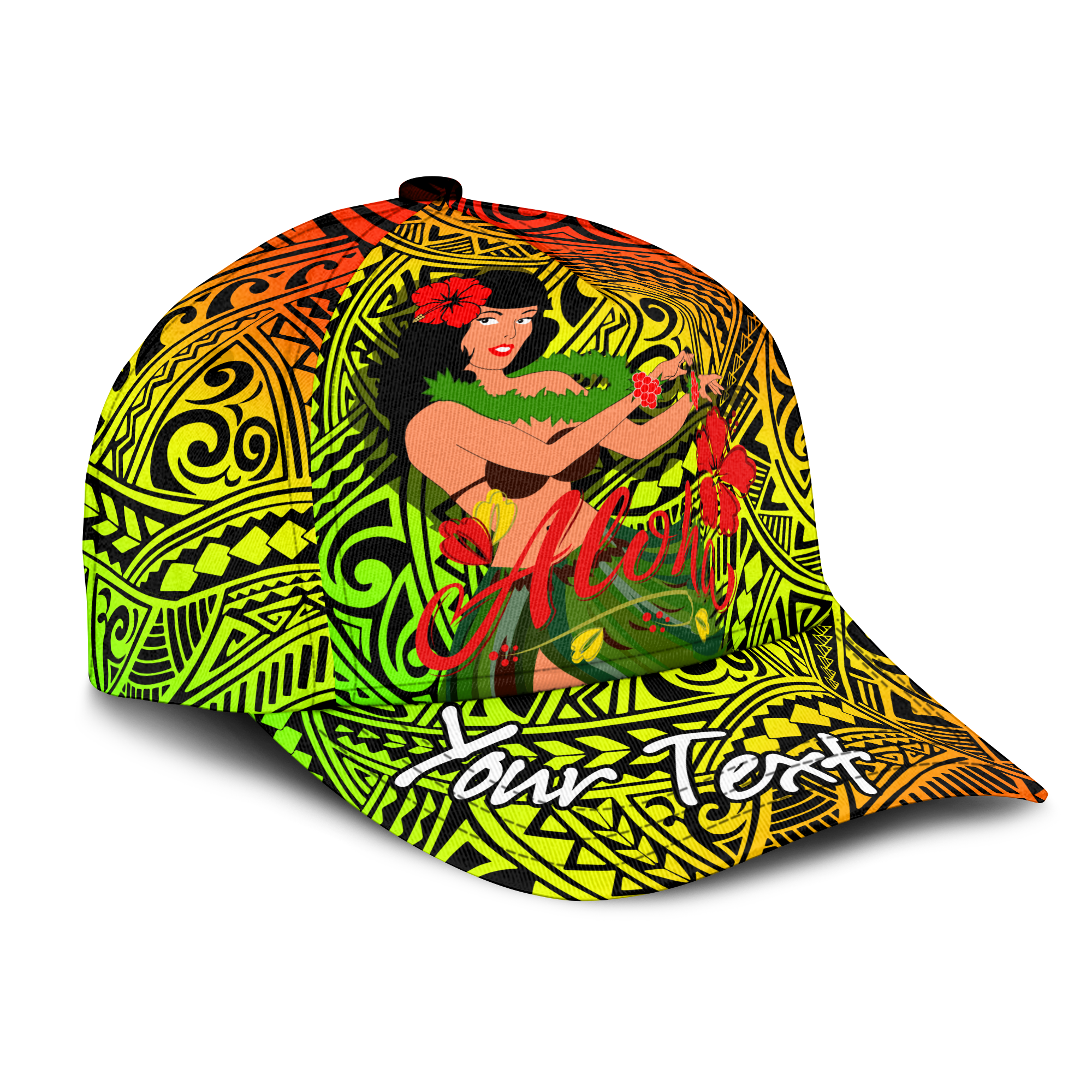 (Custom Personalised) Hawaii Hula Girl Reggae Cap - LT2 Classic Cap Universal Fit REGGAE - Polynesian Pride