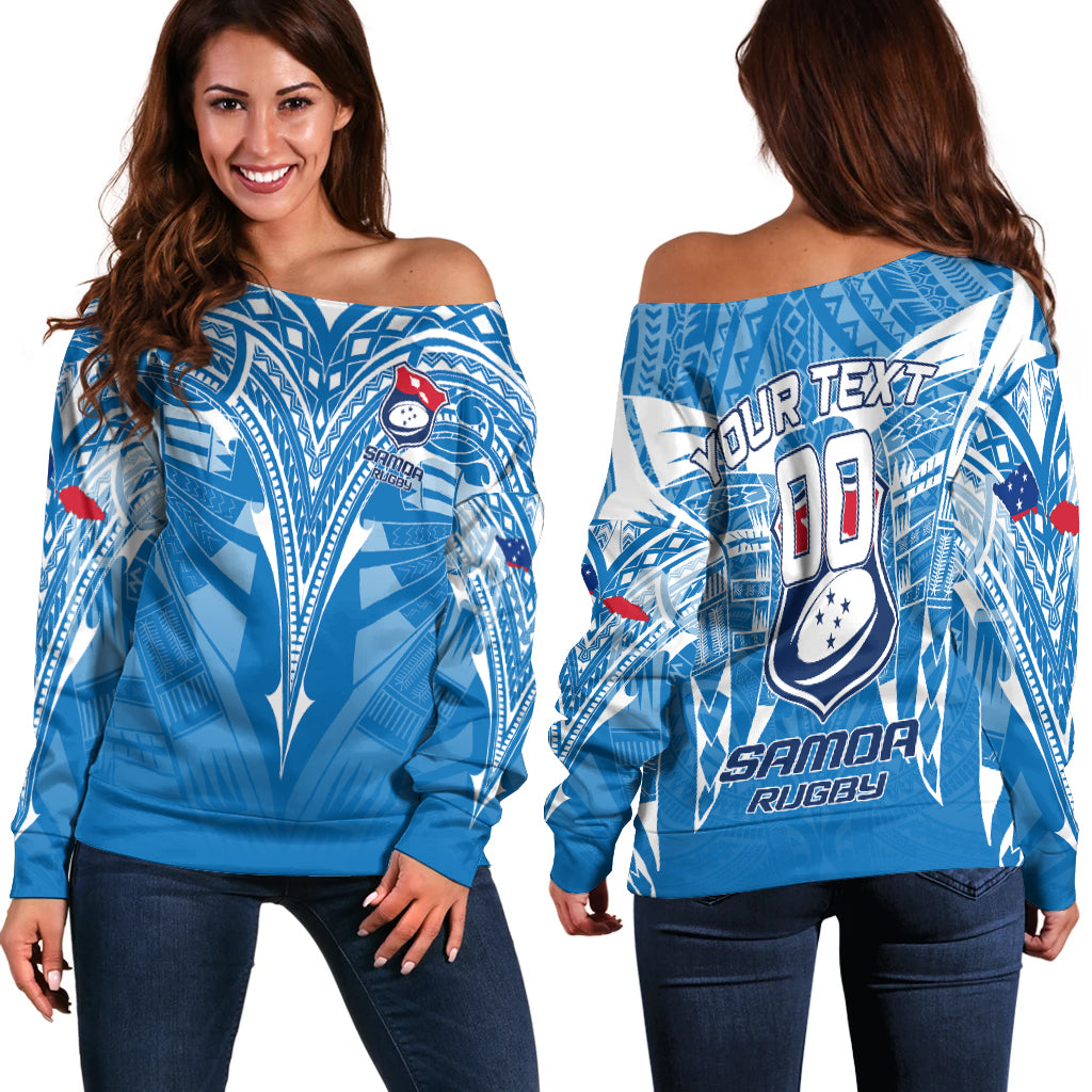 (Custom Personalised) Samoa Rugby Toa Samoa Blue Style Women Off Shoulder Sweater - LT2 Women BLUE - Polynesian Pride