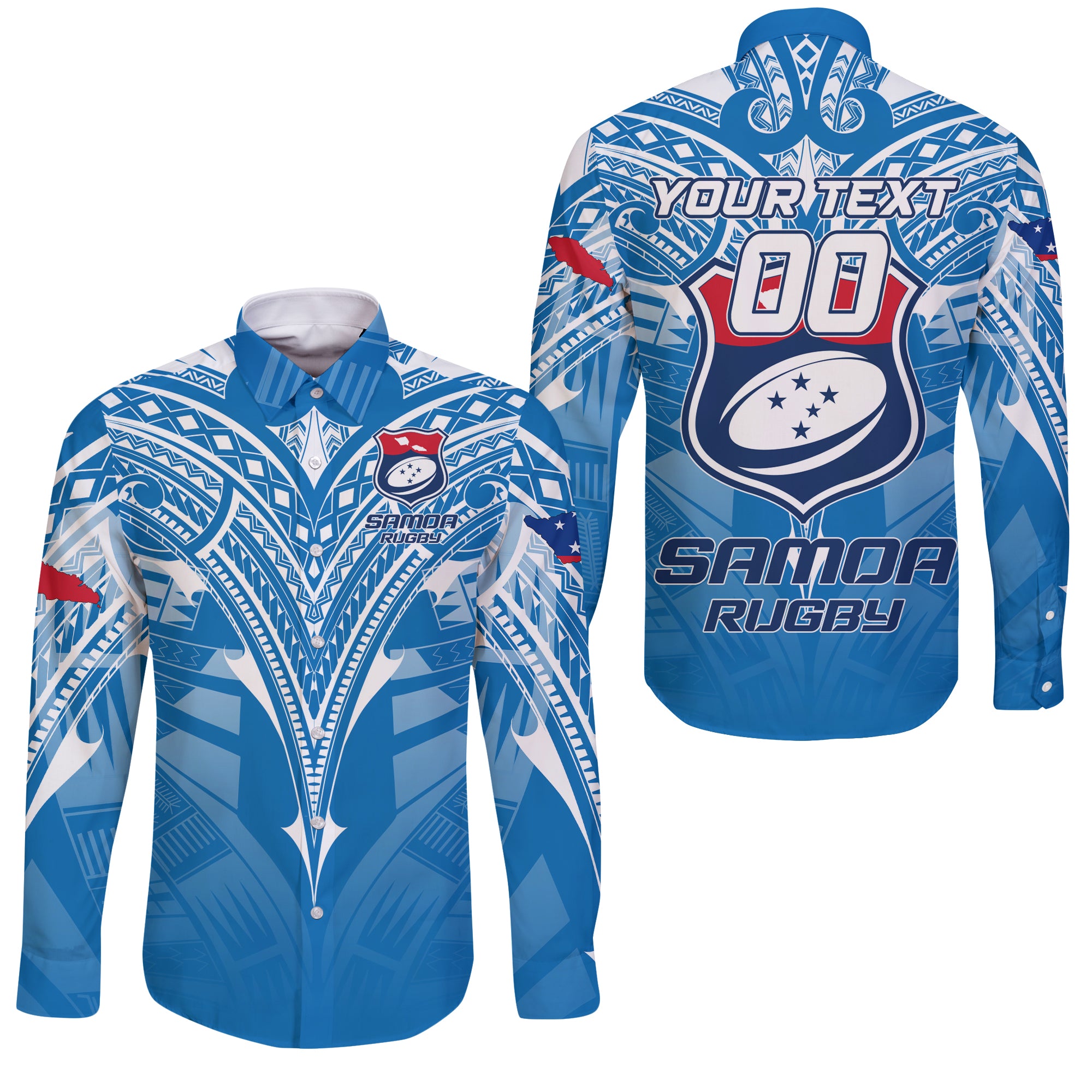 (Custom Personalised) Samoa Rugby Toa Samoa Blue Style Sleeve Button Shirt - LT2 Unisex BLUE - Polynesian Pride