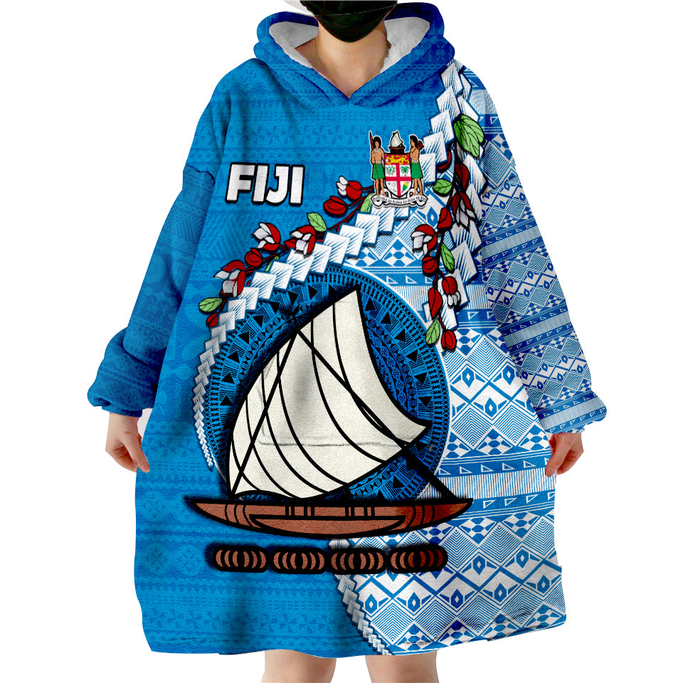 (Custom Personalised) Fiji Fijian Drua Mix Tagimaucia Flower Blue Style Wearable Blanket Hoodie LT14 - Polynesian Pride