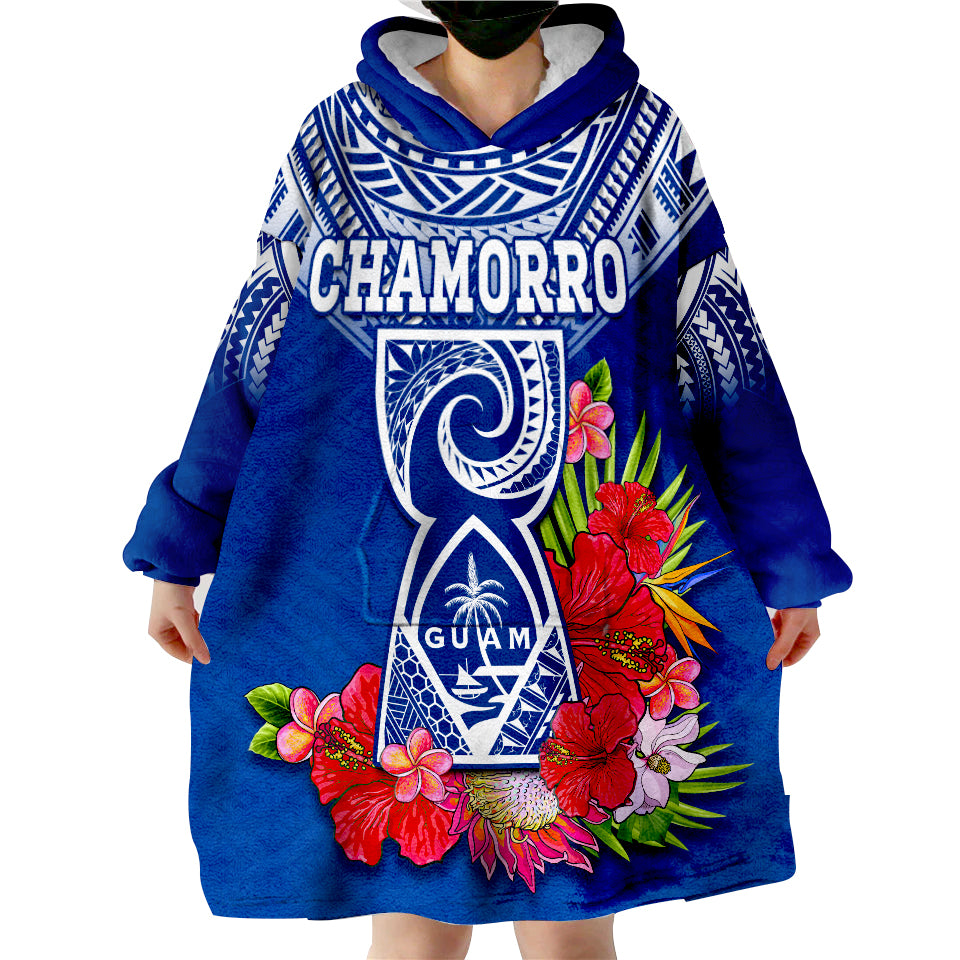 (Custom Personalised) Guam Chamorro Guaman Latte Stone Tropical Flowers Blue Version Wearable Blanket Hoodie LT14 - Polynesian Pride