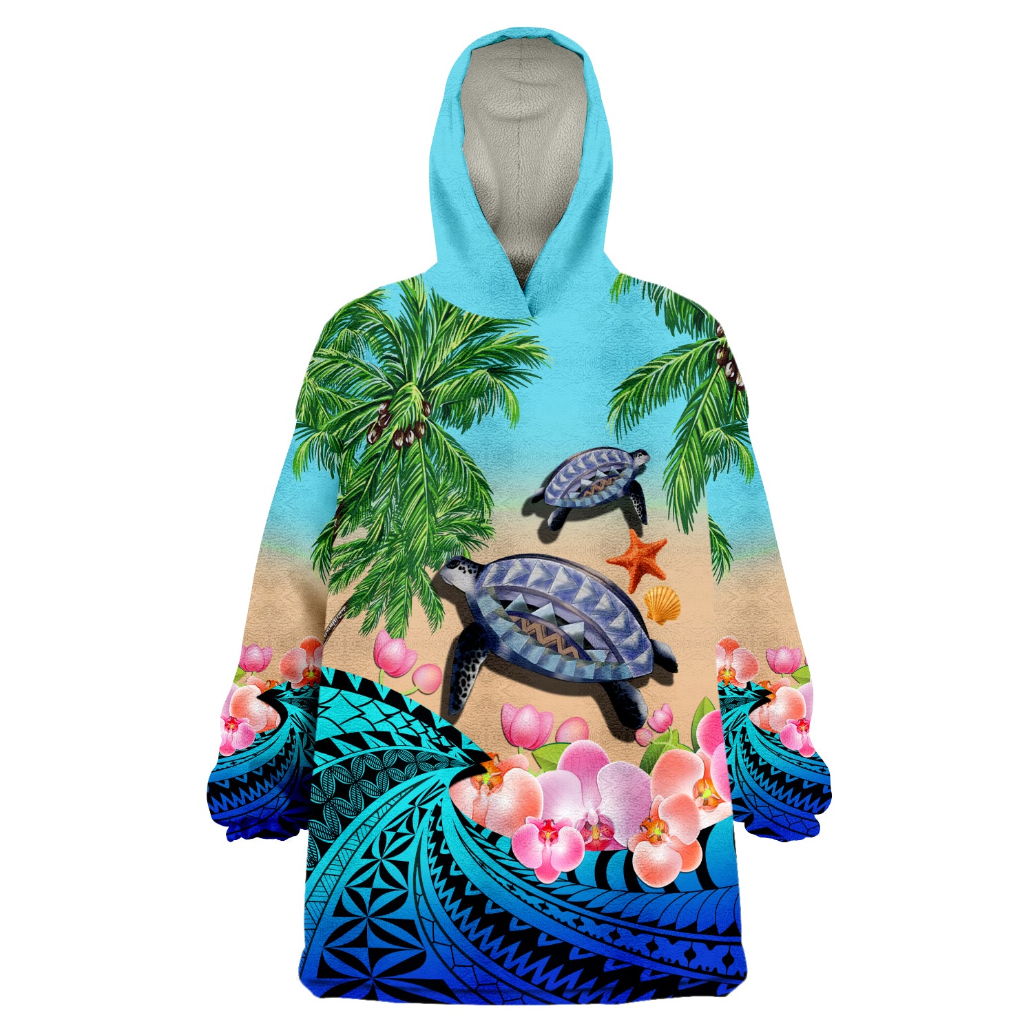 (Custom Personalised) Polynesian Turtle Coconut Tree And Orchids Wearable Blanket Hoodie LT14 Unisex One Size - Polynesian Pride