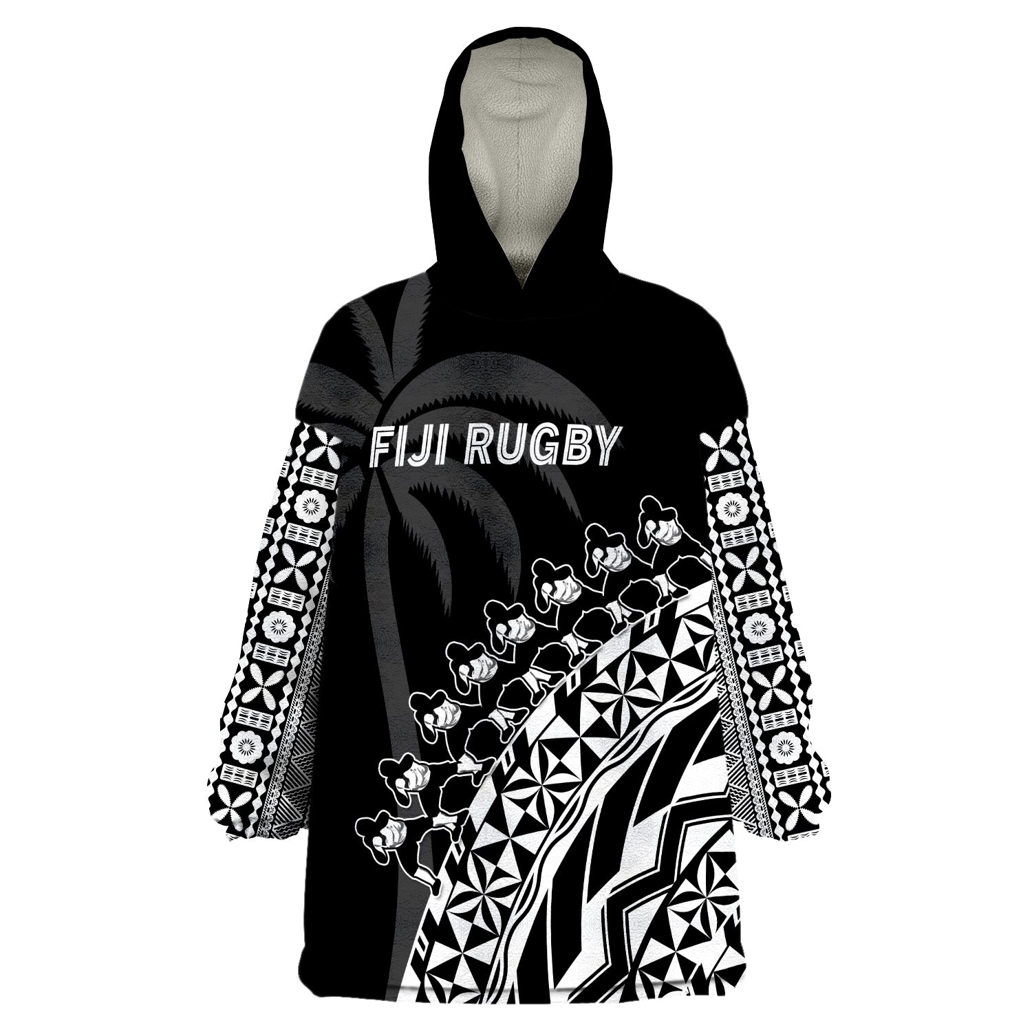 (Custom Text And Number) Fiji Rugby Fijian Cibi Dance Tapa Pattern Black Wearable Blanket Hoodie LT14 Unisex One Size - Polynesian Pride