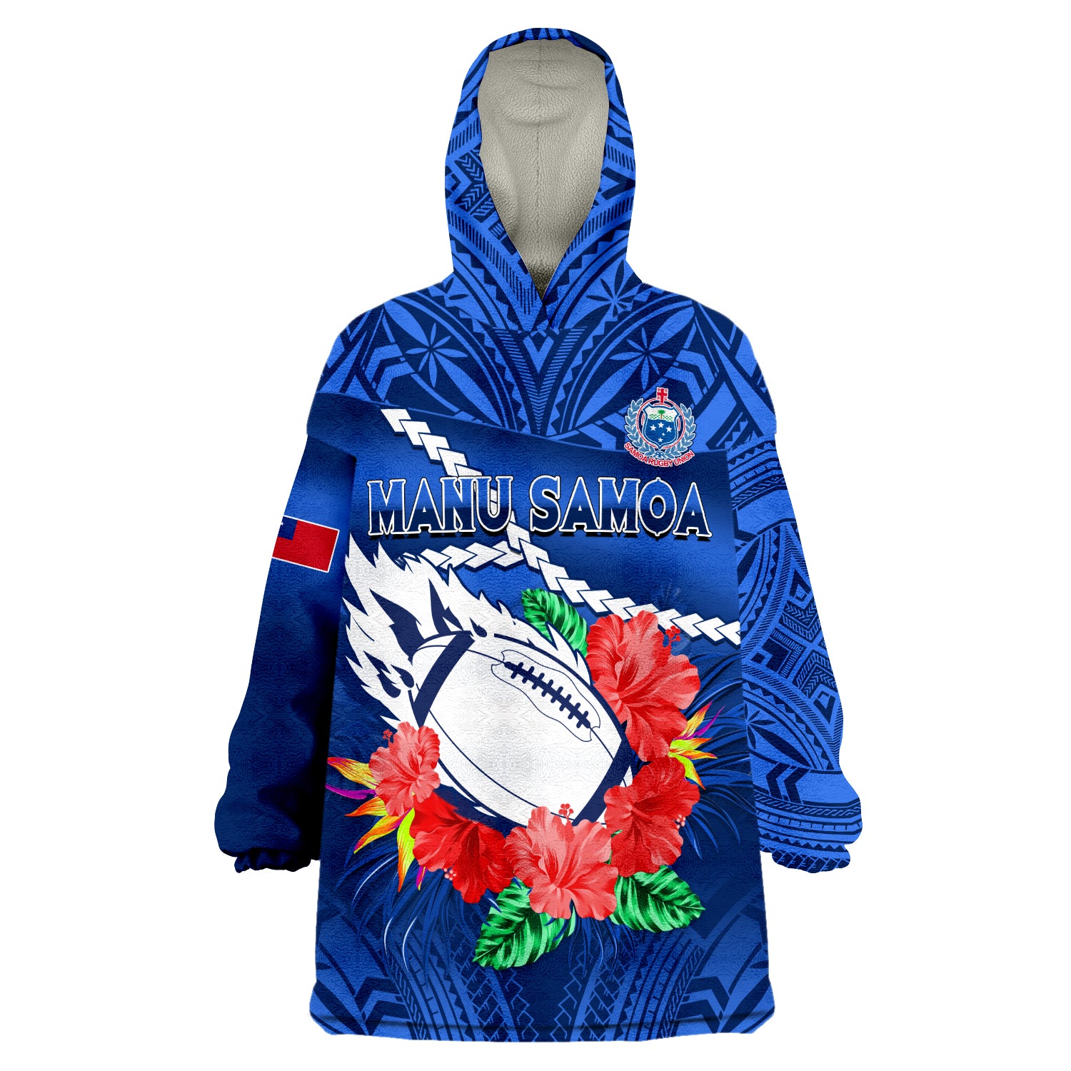 (Custom Text And Number) Samoa Rugby Manu Samoa Polynesian Hibiscus Blue Style Wearable Blanket Hoodie LT14 Unisex One Size - Polynesian Pride