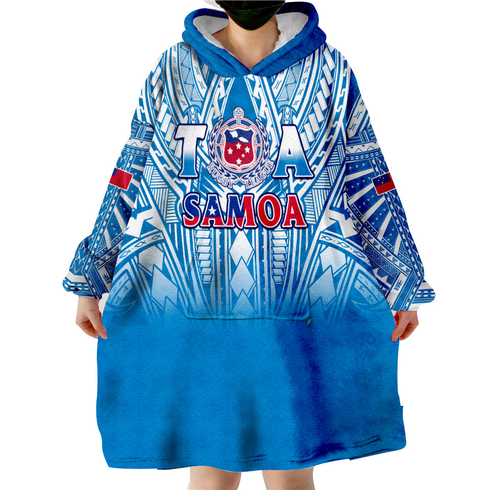 (Custom Text And Number) Samoa Rugby Toa Samoa Polynesian Pacific Blue Version Wearable Blanket Hoodie LT14 - Polynesian Pride
