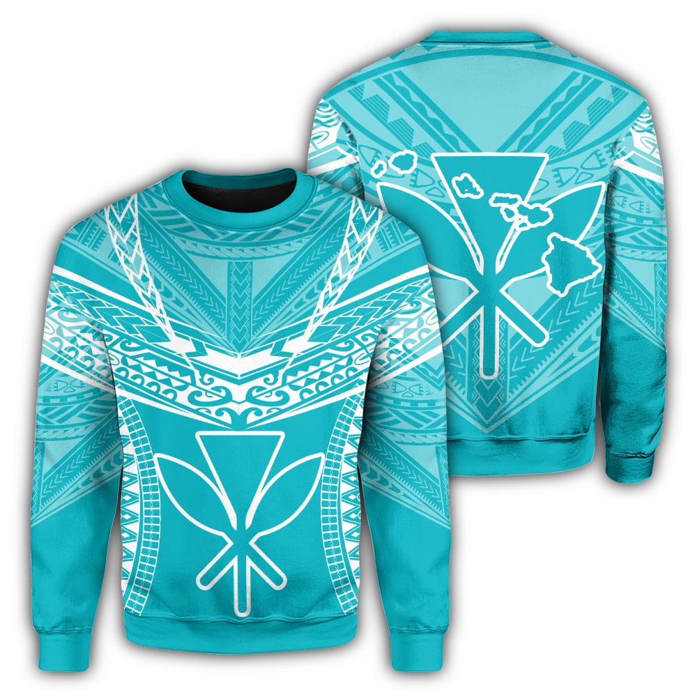 Hawaiian Kanaka Map Football Jersey Sweatshirt - Cyan And White - Roger Style - AH Unisex Cyan - Polynesian Pride