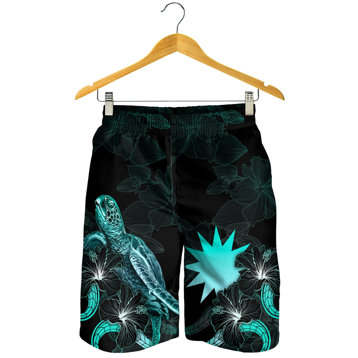 Nauru Polynesian Men's Shorts - Turtle With Blooming Hibiscus Turquoise - Polynesian Pride