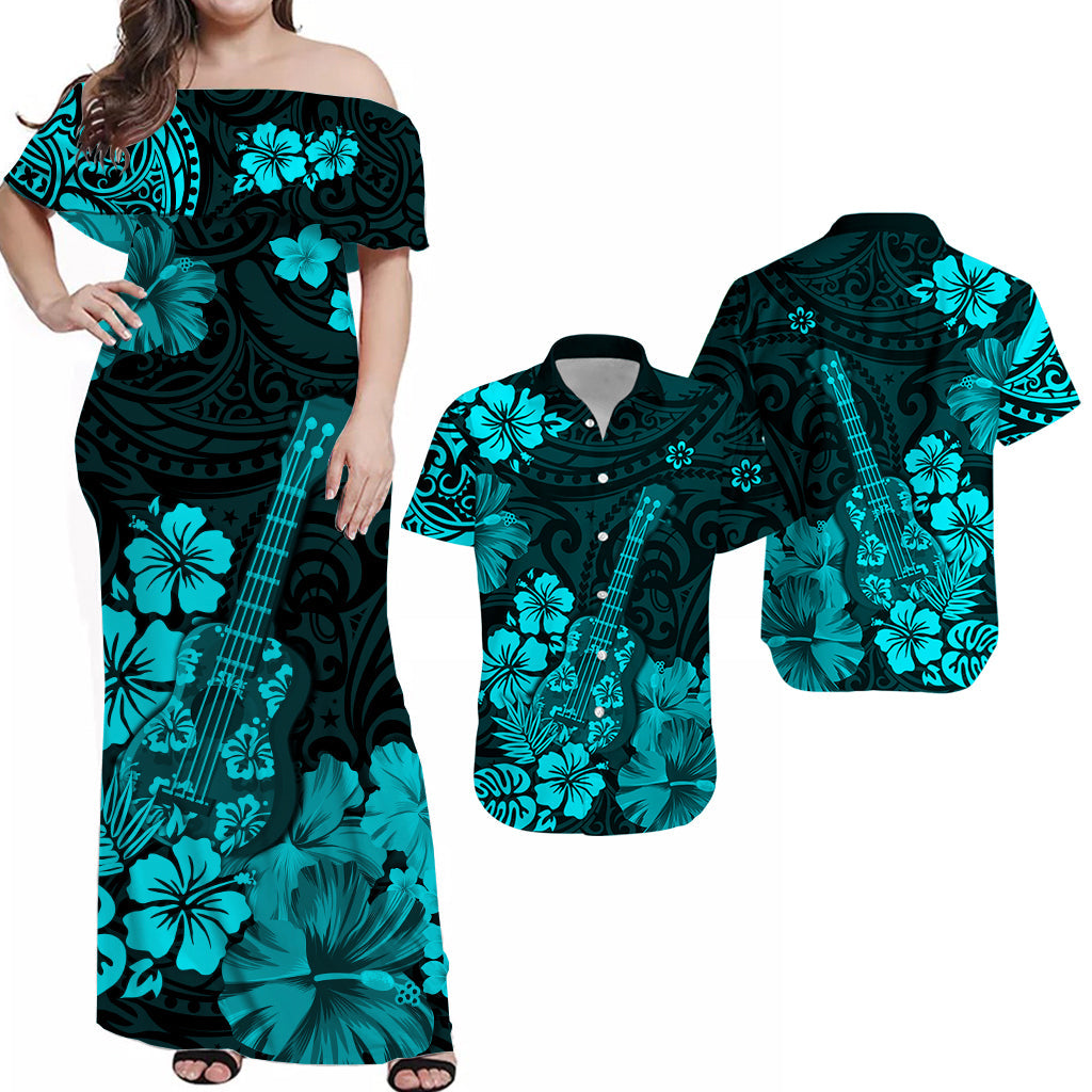 Hawaii Matching Dress and Hawaiian Shirt Polynesia Turquoise Ukulele Flowers LT13 Turquoise - Polynesian Pride