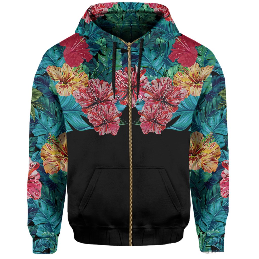 Tropical Hibiscus Hawaii Zip Hoodie Black - Polynesian Pride