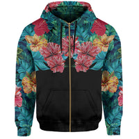 Tropical Hibiscus Hawaii Zip Hoodie Black - Polynesian Pride